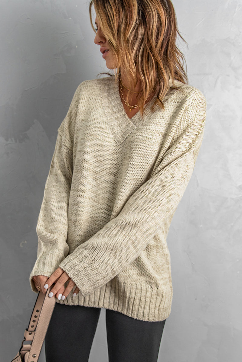 Khaki V neck Drop Shoulder Knitted Sweater