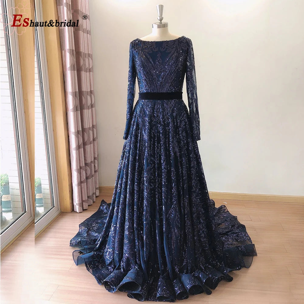 Dubai A-Line Luxury Wedding Evening Dress for Women Muslim 2024 Long Sleeves Sequin Plus Size Formal Prom Party Gown Customized