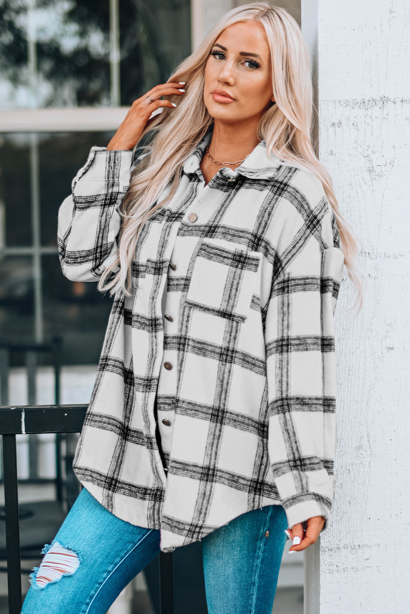 Black Plaid Pattern Buttoned Shirt Coat with Slits