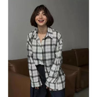 Clacive Fashion Baggy Plaid Women'S Blouse Elegant Lapel Long Sleeve Shirts And Blouses Vintage Pocket Lace-Up Top Female