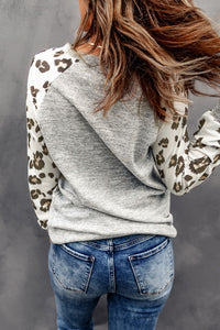 Blank Apparel - Gray Round Neck Leopard Long Sleeve Top