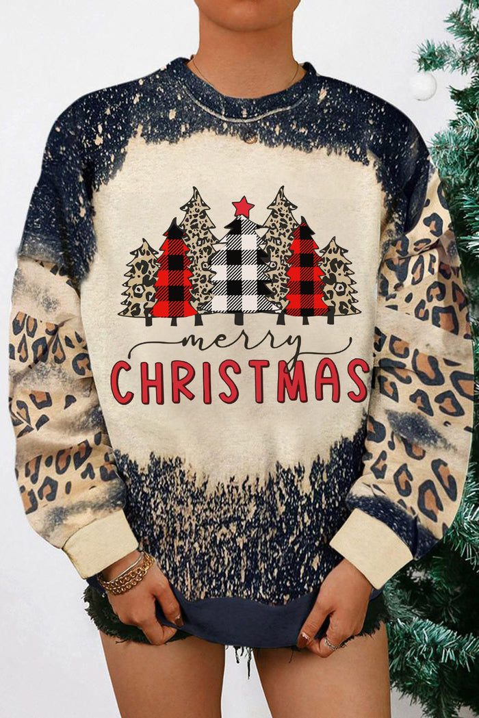 Black Merry Christmas Multi Tree Print Leopard Sleeve Sweatshirt