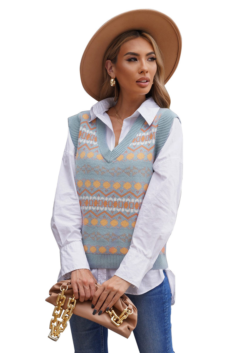 Sky Blue Tribal Print V Neck Knitted Sweater Vest