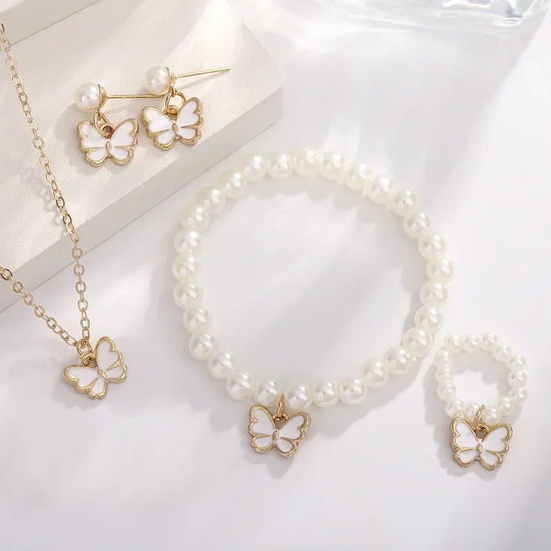 4pcs/Set Sweet Jewelry Set Butterfly Pendant Imitation Pearl Necklace Bracelet Earring Set for Women Girl Jewelry Accessories