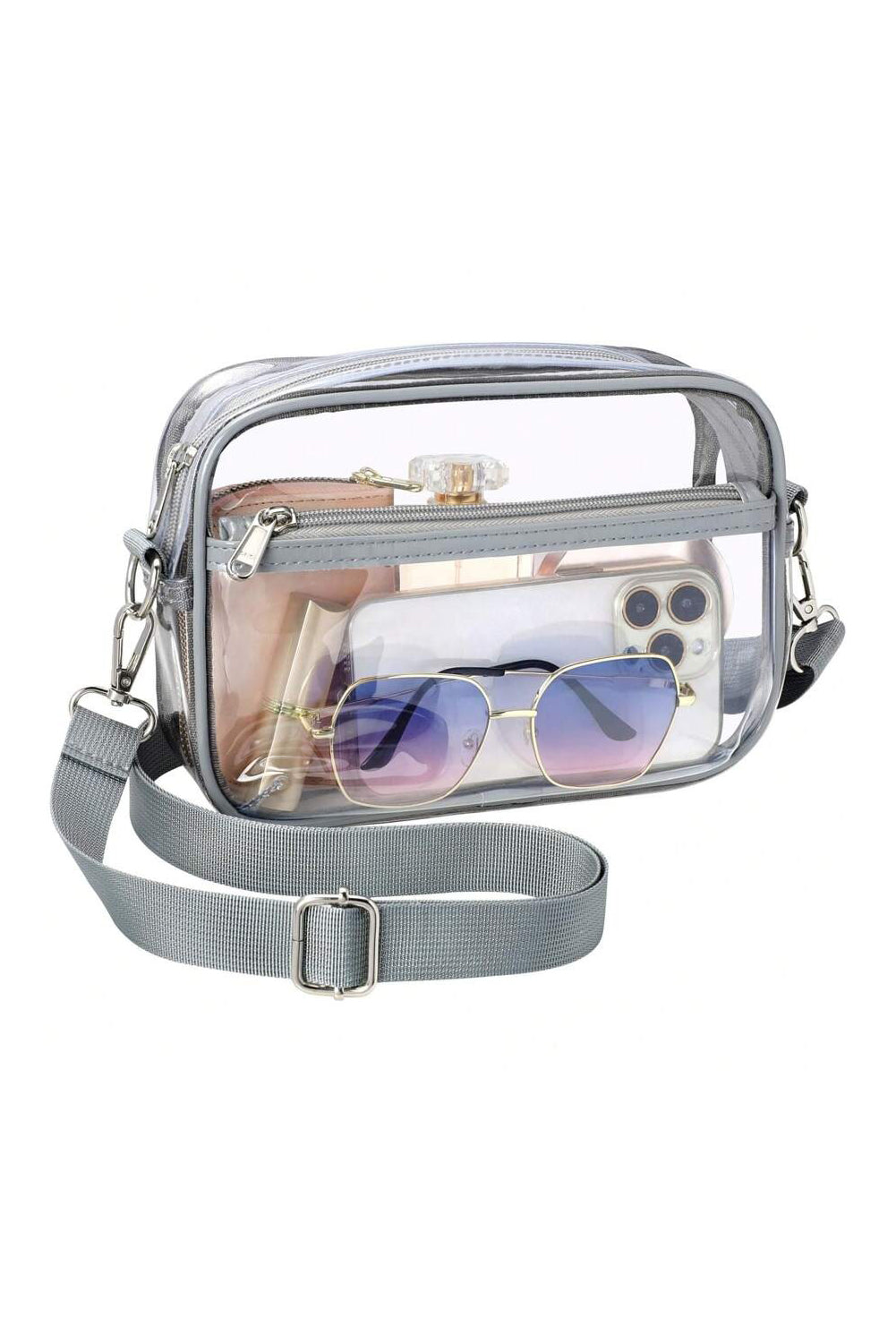 Gray Multi-Pocket Contrast Edge Detachable Strap Clear Shoulder Bag