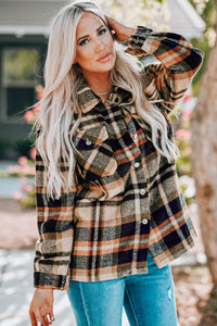 Blue Geometric Plaid Print Pocketed Shacket