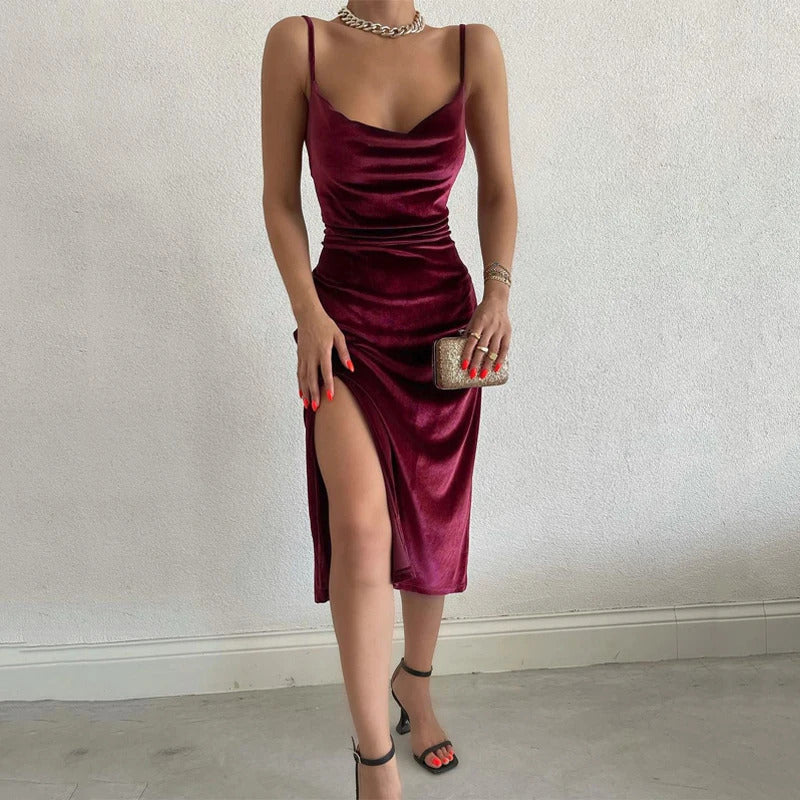 Hugcitar Velvet Swing Collar Sleeveless Slip Sexy Slit Maxi Dress 2022 New Fashion Evening Party Women Elegant Streetwear Y2K