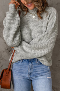 Gray High Neck Drop Shoulder Plain Sweater