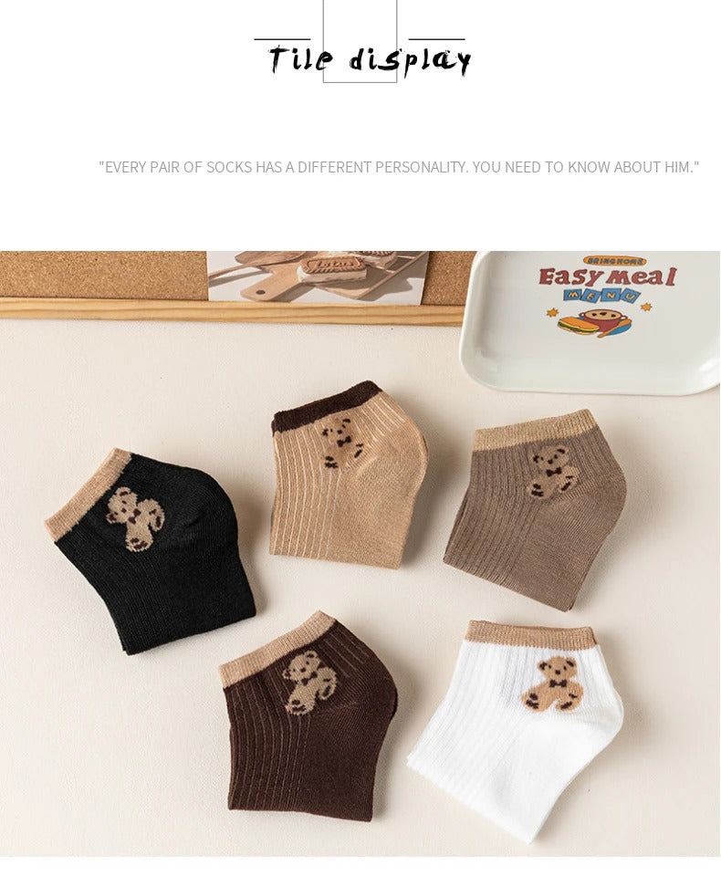 4/5/6/8 Pairs of Cute Teddy Bear Short Socks with Shallow Mouthed Spring and Summer Casual Matching Short Tube Boat Socks