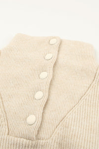 Khaki Buttoned Turn Down Collar Comfy Ribbed Sweater