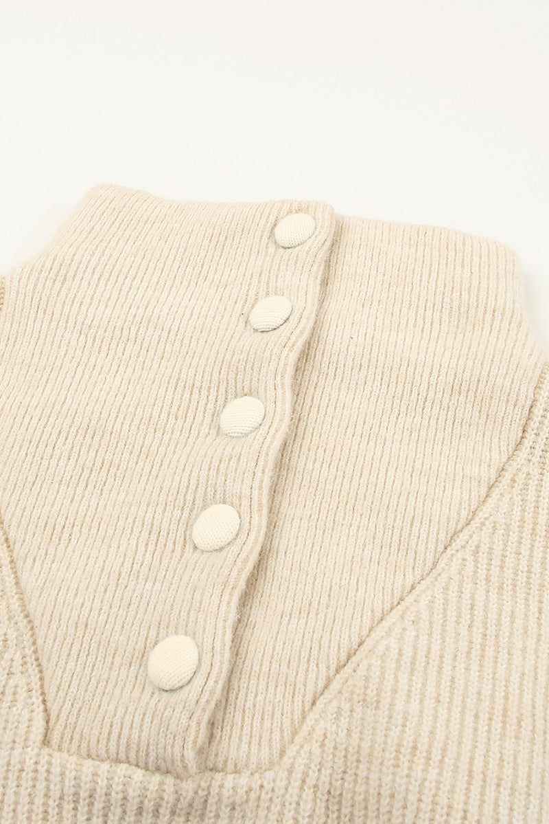 Khaki Buttoned Turn Down Collar Comfy Ribbed Sweater