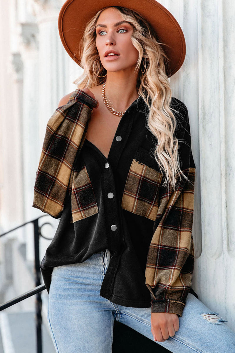 Black Plaid Patchwork Chest Pockets Oversized Shirt Jacket