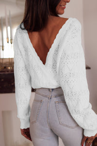 White Surplice V Openwork Textured Sweater