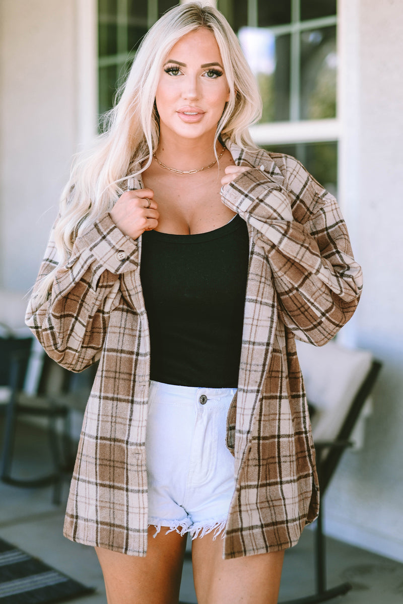 Brown Plaid Print Chest Pockets Shacket