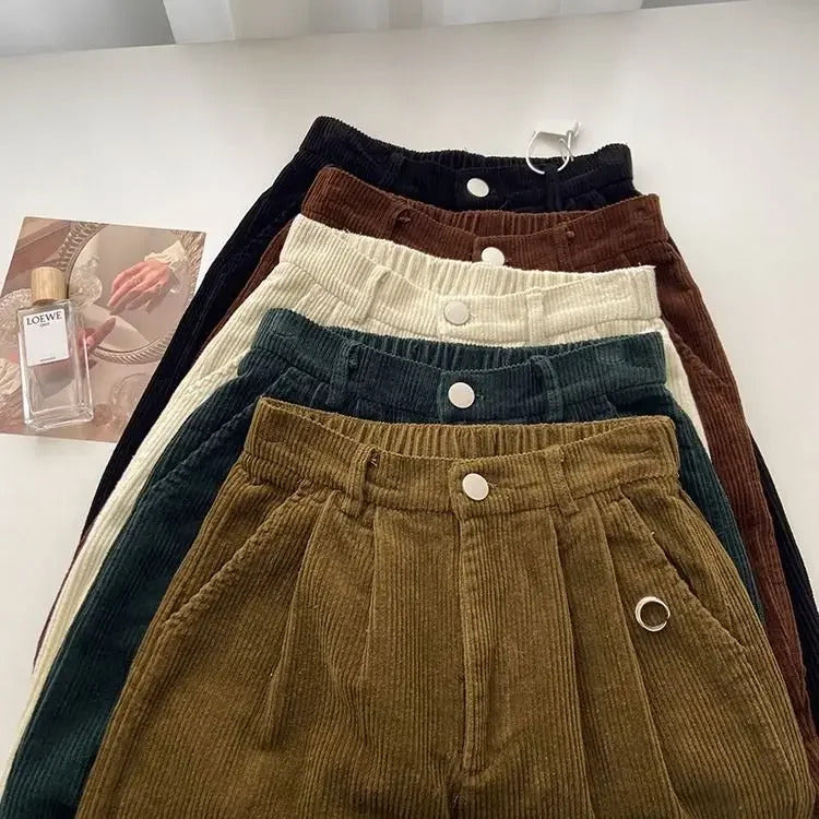 Retro High Waist Corduroy Pants Women Spring Fall Straight Causal Full Length Trousers Korean Fashion Baggy Outwear Pant 2024