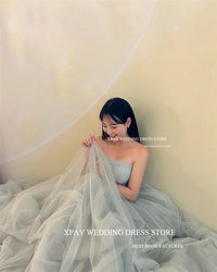 XPAY Simple Dusty Blue Soft Tulle Korea Prom Dresses Customised Strapless Lace Up Evening Gowns Wedding Photo shoot Floor Length