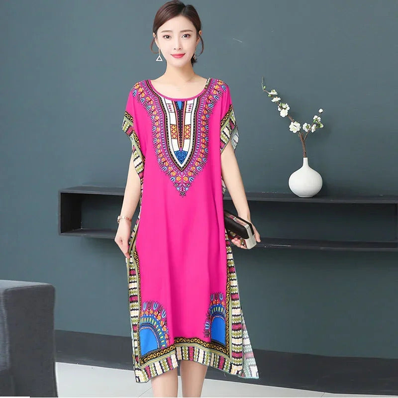 Bohemian National Style Leisure Holiday Beach Printed Poker Indonesia Floral O-neck Loose Midi Dress Pajamas Loungewear Woman