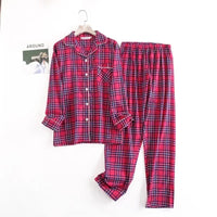 Cotton Flannel Women's Long Pants Pajamas Sets for Sleepwear Plaid Design Loose Autumn and Winter Long Sleeve Trouser Suits