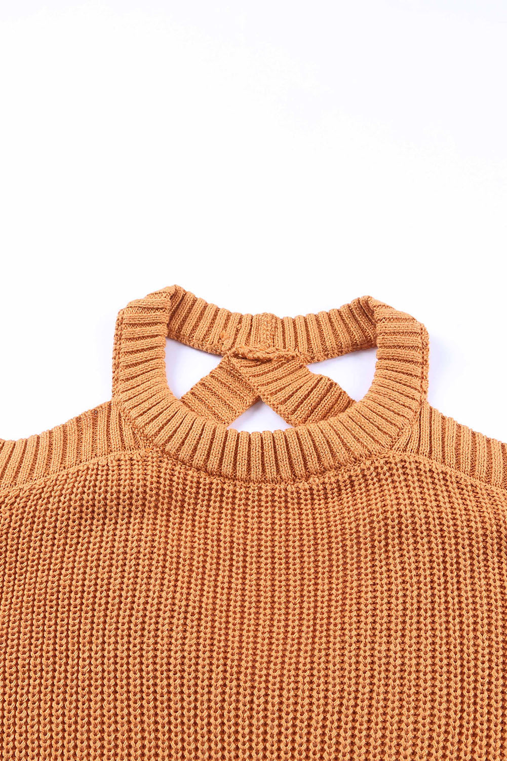 Brown Crew Neck Cold Shoulder Hollow-out Back Sweater