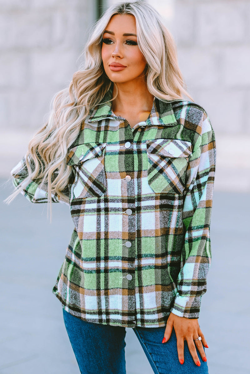 Blue Geometric Plaid Print Pocketed Shacket