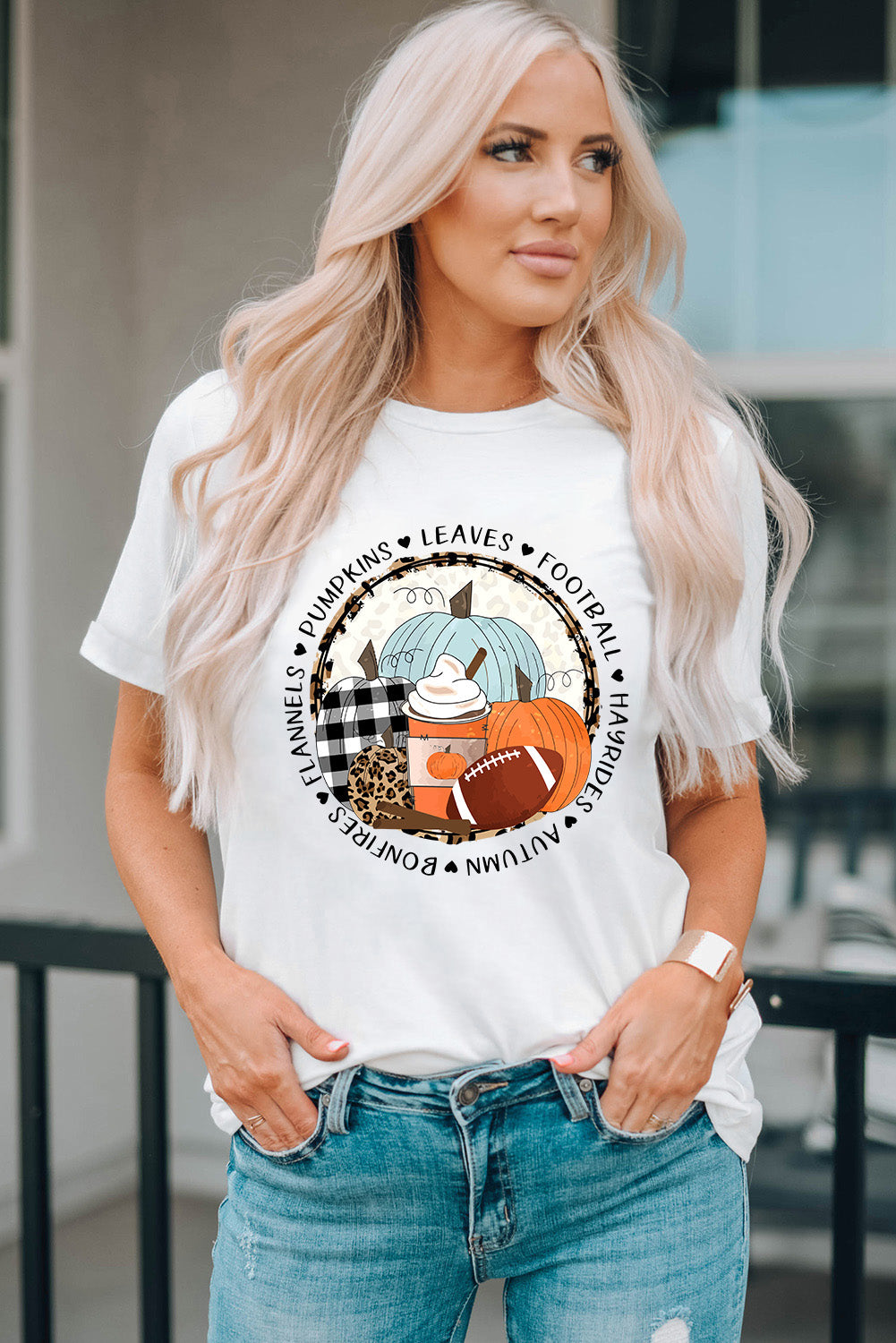 White Autumn Vibes Pumpkin Graphic T-shirt