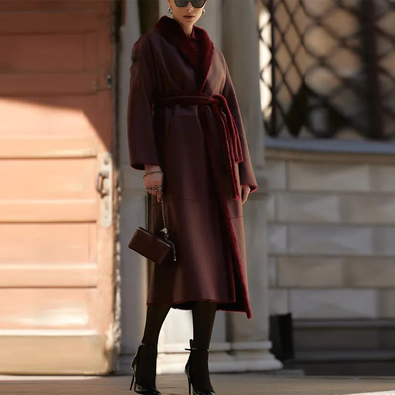 Burgundy Reversible Warm Faux Fur Leather Long Coat Elegant Women Belted Lapel Full Sleeve Overcoat 2024 Lady Thick Streetwear ﻿