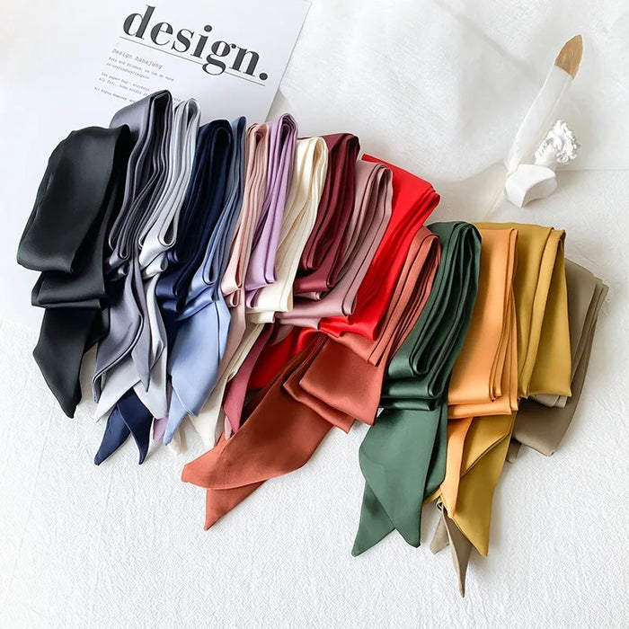 5X190CM Women Narrow Long Scarf 190x5cm Solid Color Chiffon Silk Rubber Red Tie Black Bag Ribbon Headbands Choker Streamer