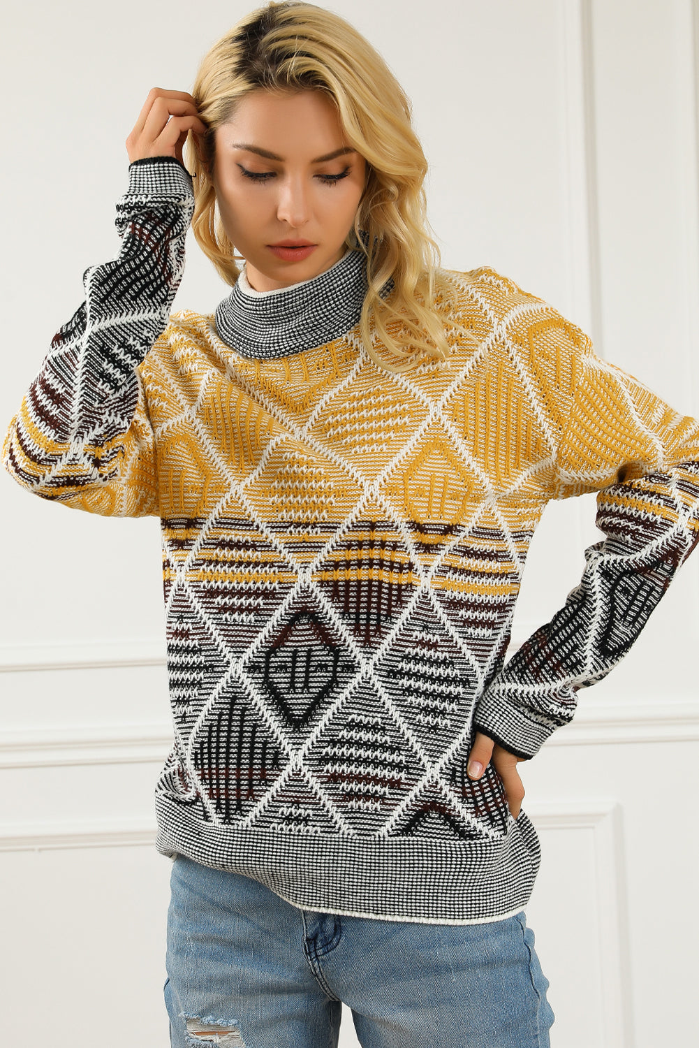 High Neck Geometric Colorblock Sweater