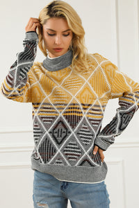 High Neck Geometric Colorblock Sweater