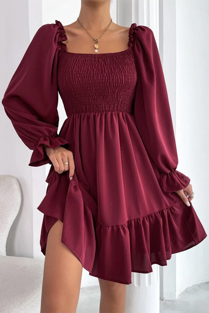 Biking Red Smocked Puff Sleeve Ruffle Mini Dress