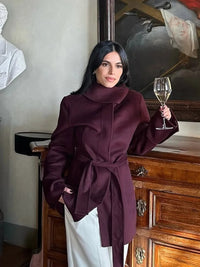 2025 Elegant Burgundy Lace Up Wool Blend Jacket Women Fashion Stand Collar Long Sleeve Button Coat Chic High Street Lady Outwear