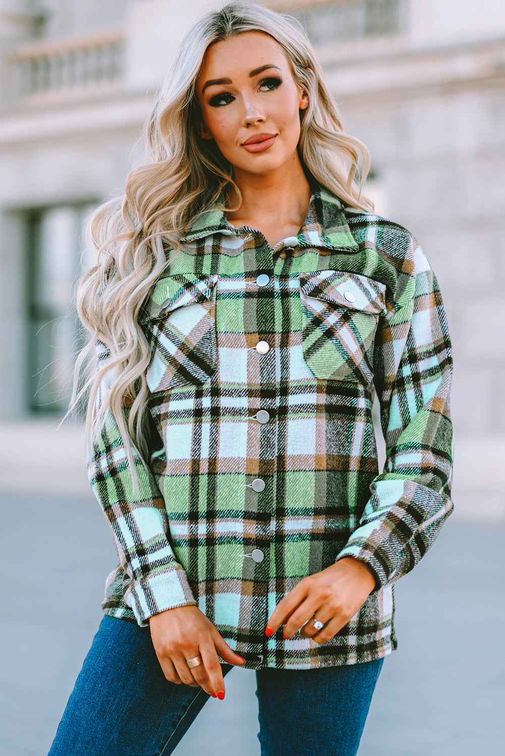 Blue Geometric Plaid Print Pocketed Shacket