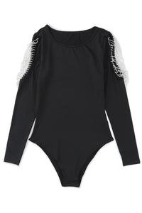 Black Rhinestone Fringed Cold Shoulder Long Sleeve Bodysuit