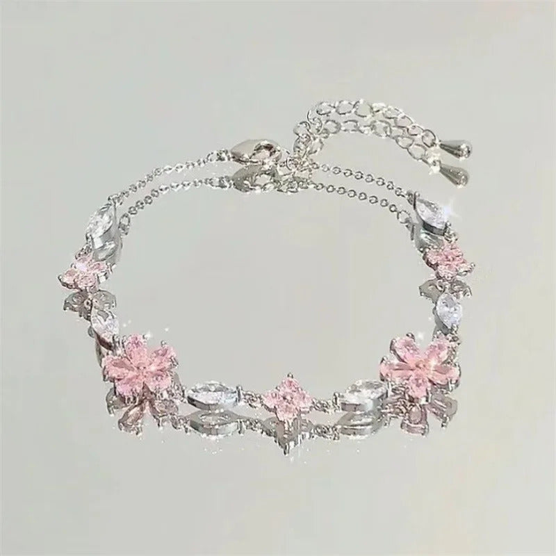 Shiny Pink Crystal Cherry Blossom Bracelets For Women Girls Sweet Moon Bow Flowers Zircon Bracelet Party Aesthetic Egirl Jewelry