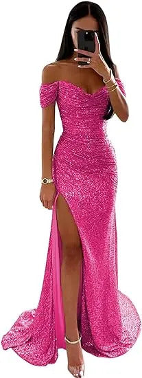 Chic and Elegant Women Evening Maxi Dresses 2024 Off-Shoulder Sequin Mermaid Prom Formal Gowns For Party Split Night Dress