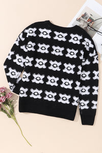 White Printed Retro Flower Pattern Knit Fuzzy Sweater