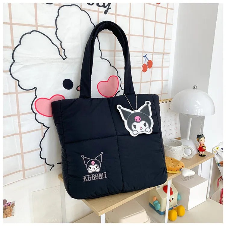 2024 New Sanrio Handbag Cartoon Cute Down Fabric Kuromi Tote Bag Shoulder Pacha Dog Cute Stationery Bag Large Capacity Handbag