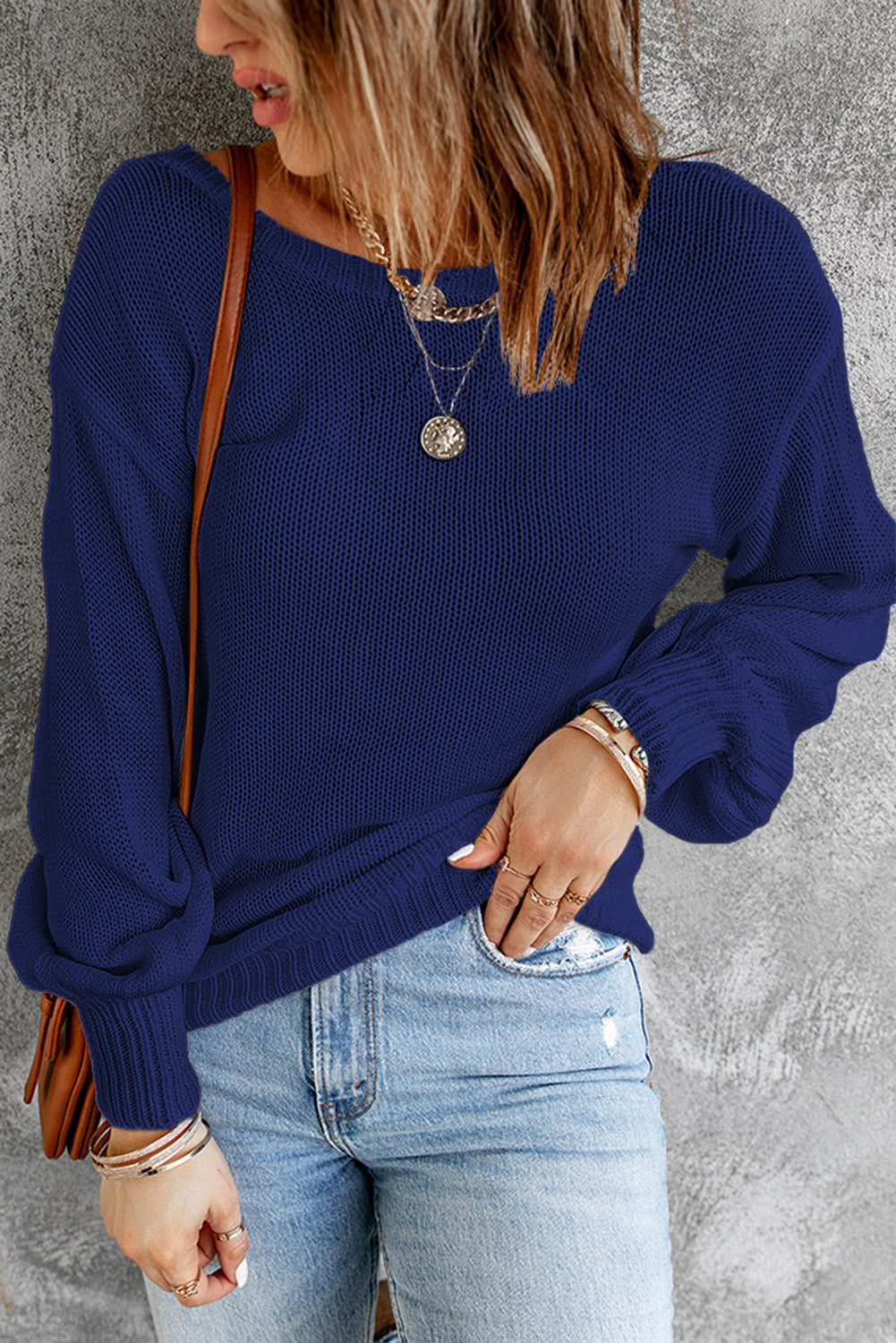 Blue Drop Shoulder Back Cut-out Sweater with Tie