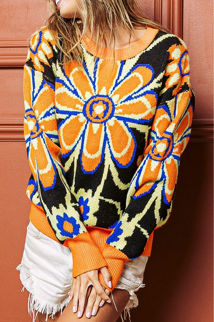 Citrus Ribbed Edge Drop Shoulder Floral Print Sweater