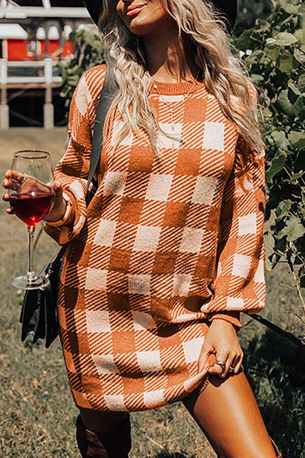 Orange Plaid Sweater Dress