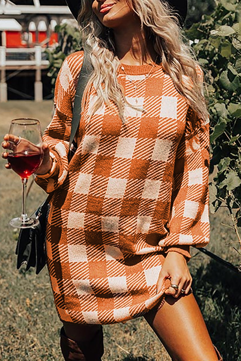 Orange Plaid Sweater Dress