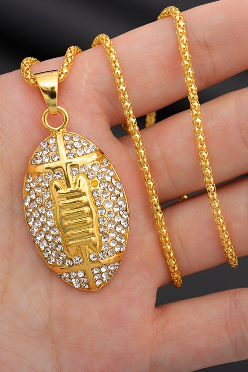 Gold Plated Rhinestone Rugby Football Pendant Necklace