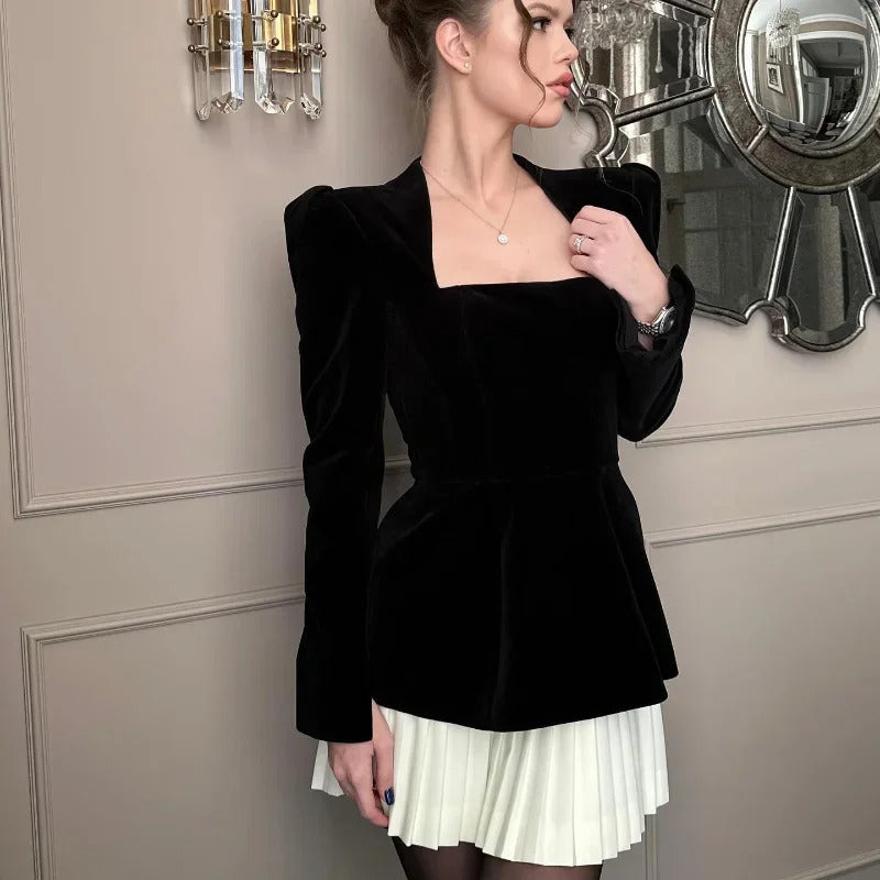 Women Elegant Contrasting Pleated Mini Dress Chic Square Neck Long Puff Sleeve Slim Dresses New Lady Fashion Party Evening Gown