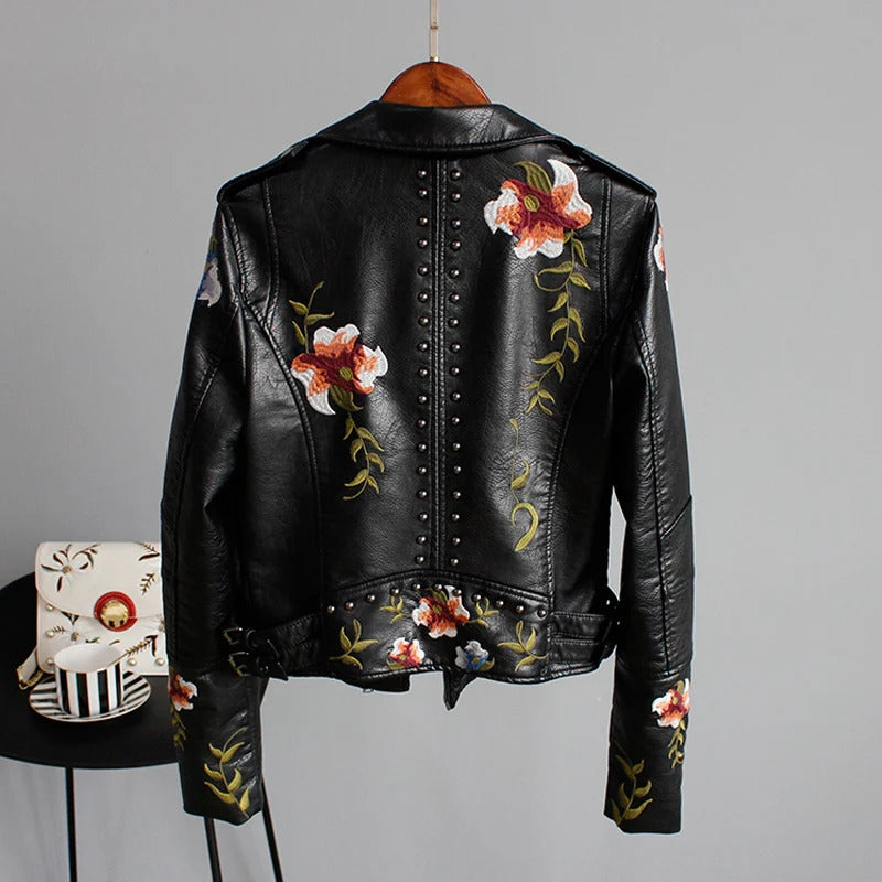 Ly Varey Lin Floral Print Embroidery Faux Soft Leather Jacket Women Pu Motorcycle Coat Female Black Punk Zipper Rivet Outerwear