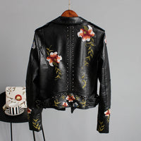 Ly Varey Lin Floral Print Embroidery Faux Soft Leather Jacket Women Pu Motorcycle Coat Female Black Punk Zipper Rivet Outerwear