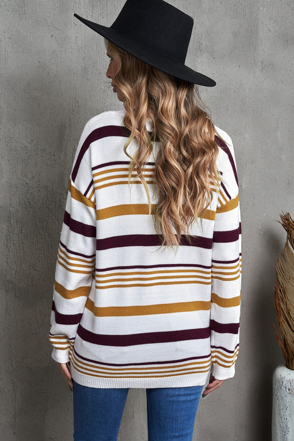 Brown Striped Crewneck Long Sleeve Sweater