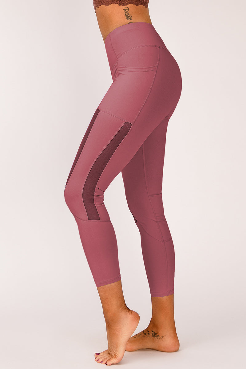 Pink Mesh Side Splicing High Waist Yoga Sports Leggings with Phone Pocket