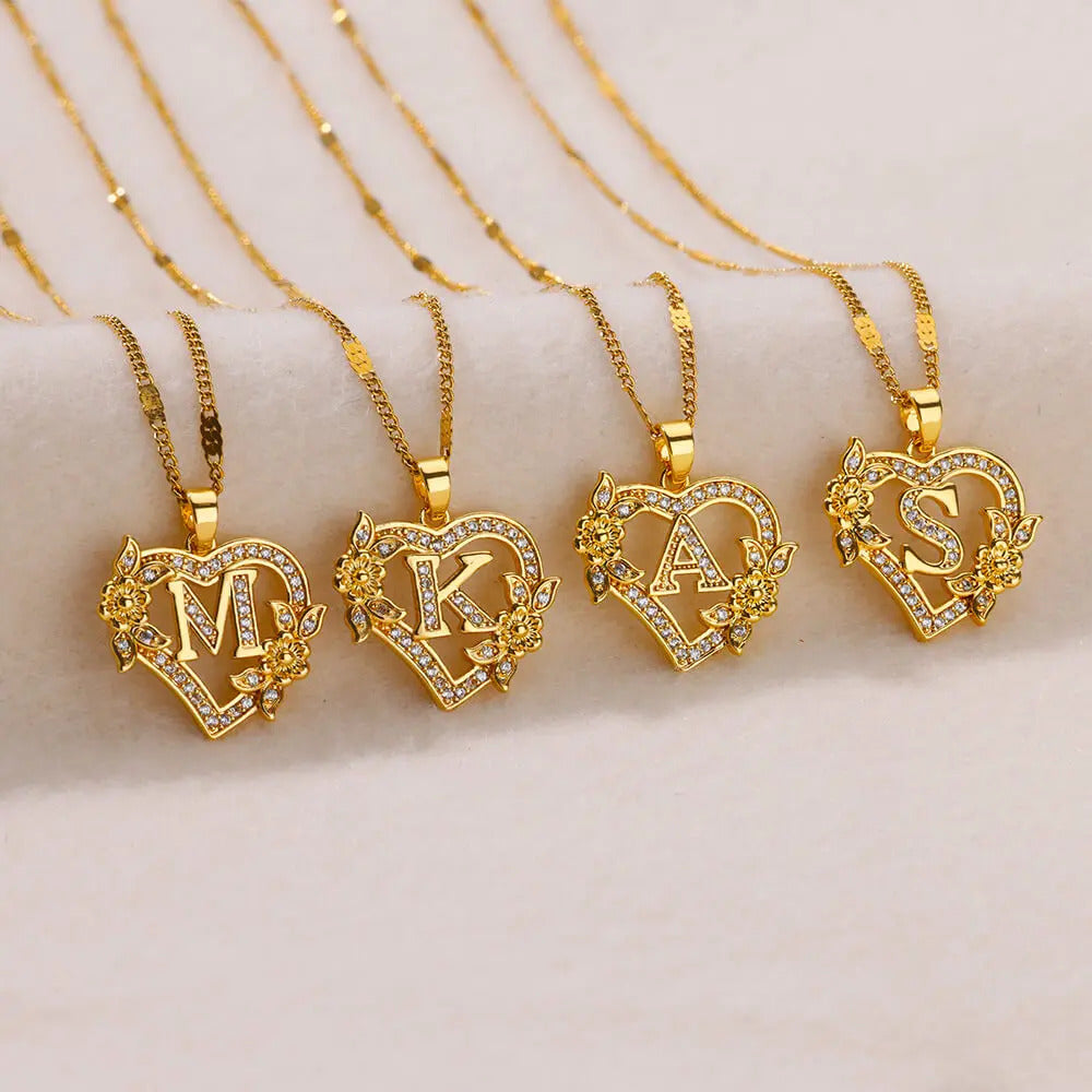 Zircon Flower Heart Initials Necklaces For Women Stainless Steel Heart Lover Gold Color Letter Chain Collar Necklace Jewelry