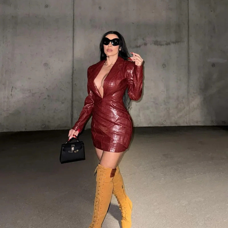 Women Sexy Deep V Red Lattice Leather Mini Dress Fashion Long Sleeve High Waist Fold Slim Dresses Lady New Highstreet Short Robe