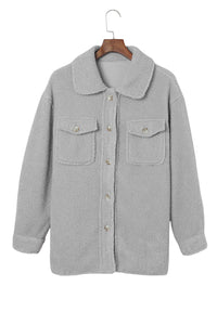 Gray Flap Pockets Button Front Teddy Jacket